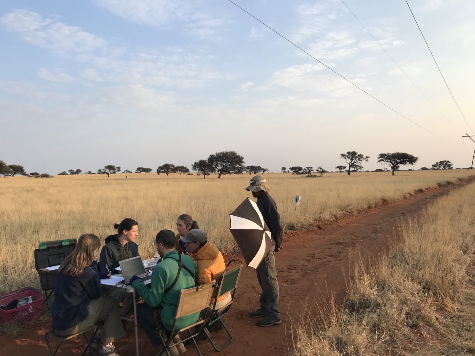people seated at a table on a dirt road