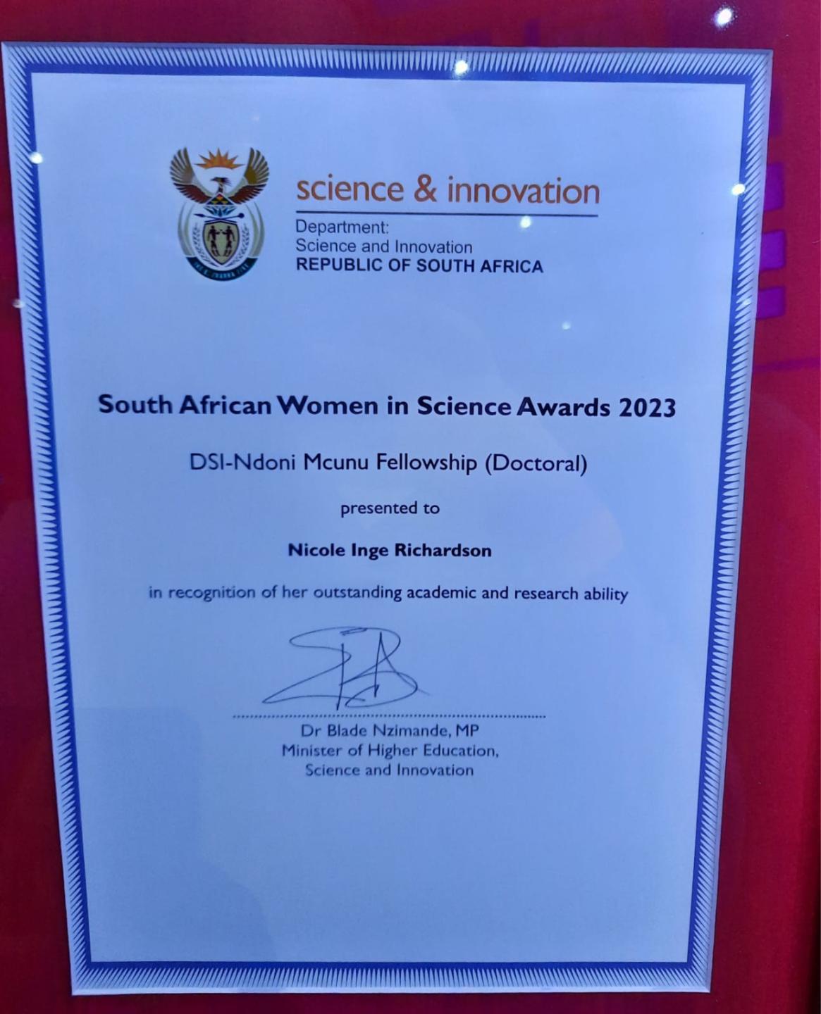 Nicole Richardson award certificate