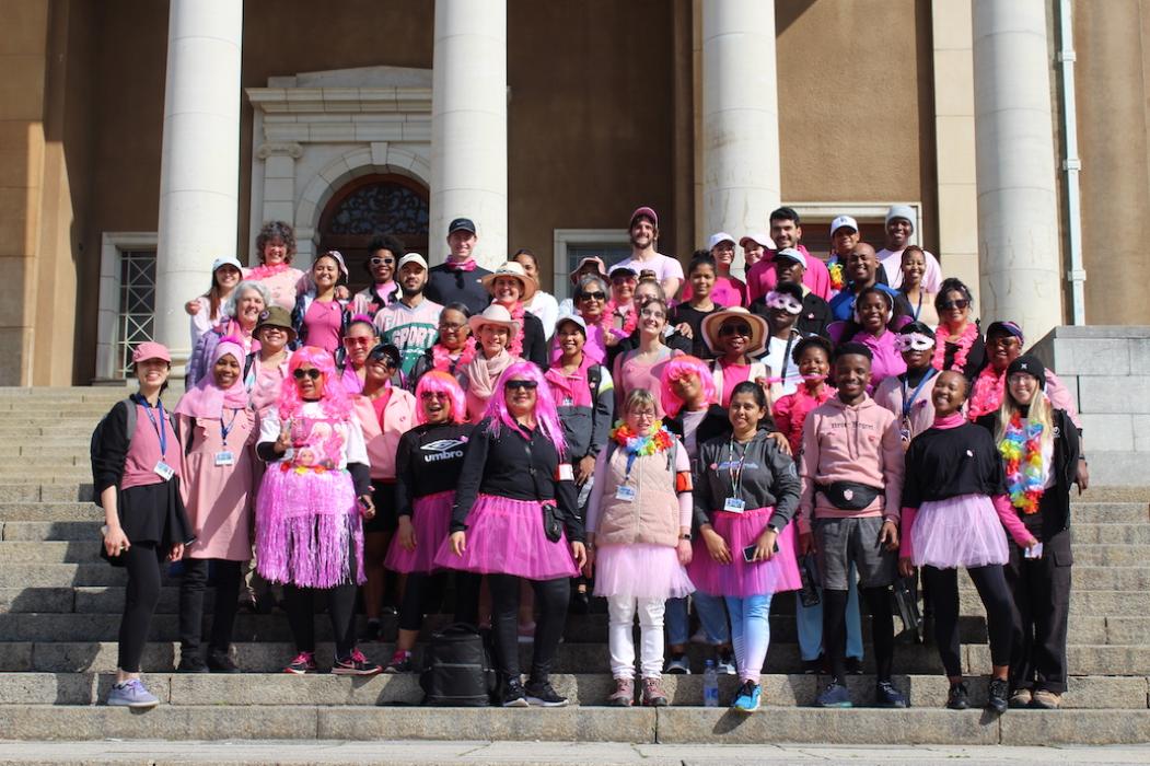 All Women’s Month Fun Walk Participants strutting their stuff outside Sarah Baartman Hall.
