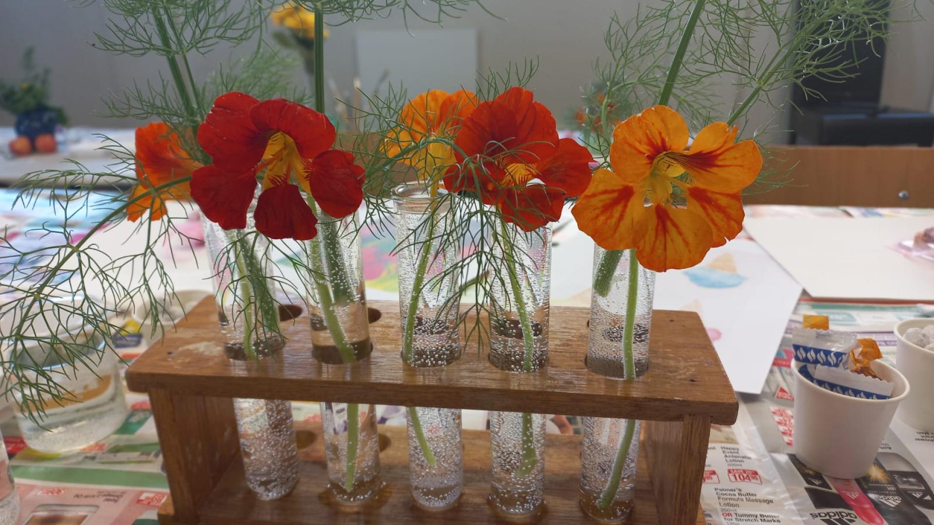 A wooden rack holding five small glass vials, each containing water and a single blooming flower, with a table covered in newspaper in the background.