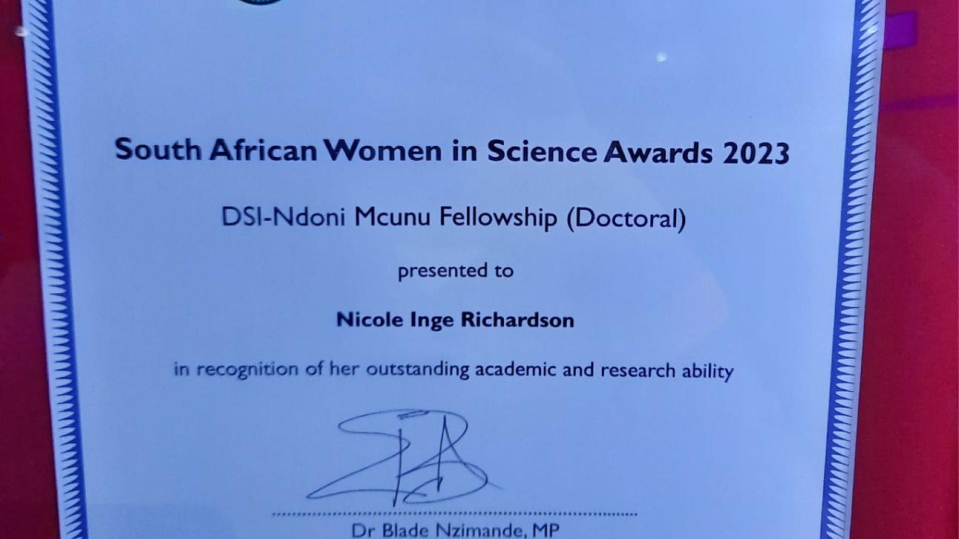 Nicole Richardson award certificate
