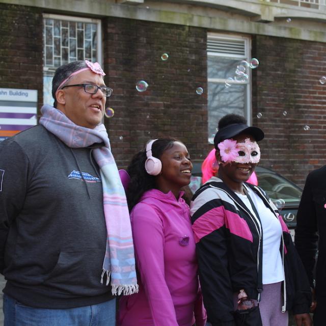 Participants within the Dept of Chemistry all dressed up in their finest pink accessories and eagerly awaiting the start of the walk outside PD Hahn Building.