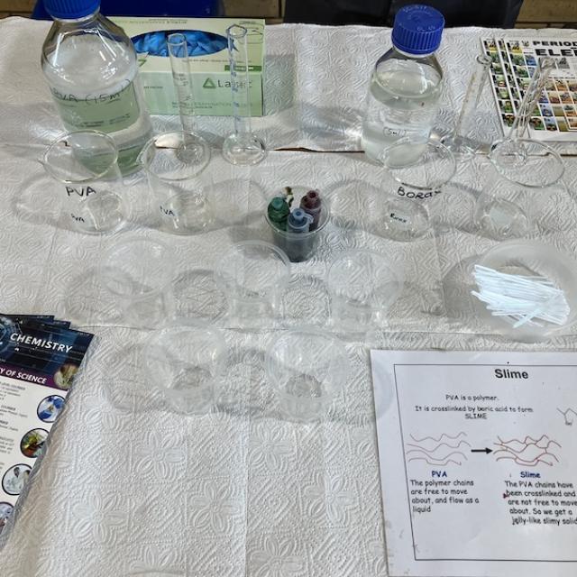 Table with glassware, chemicals, and reaction pathway for slime experiment