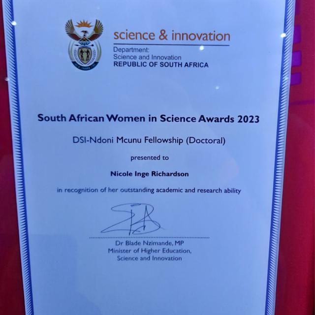Nicole Richardson award certificate
