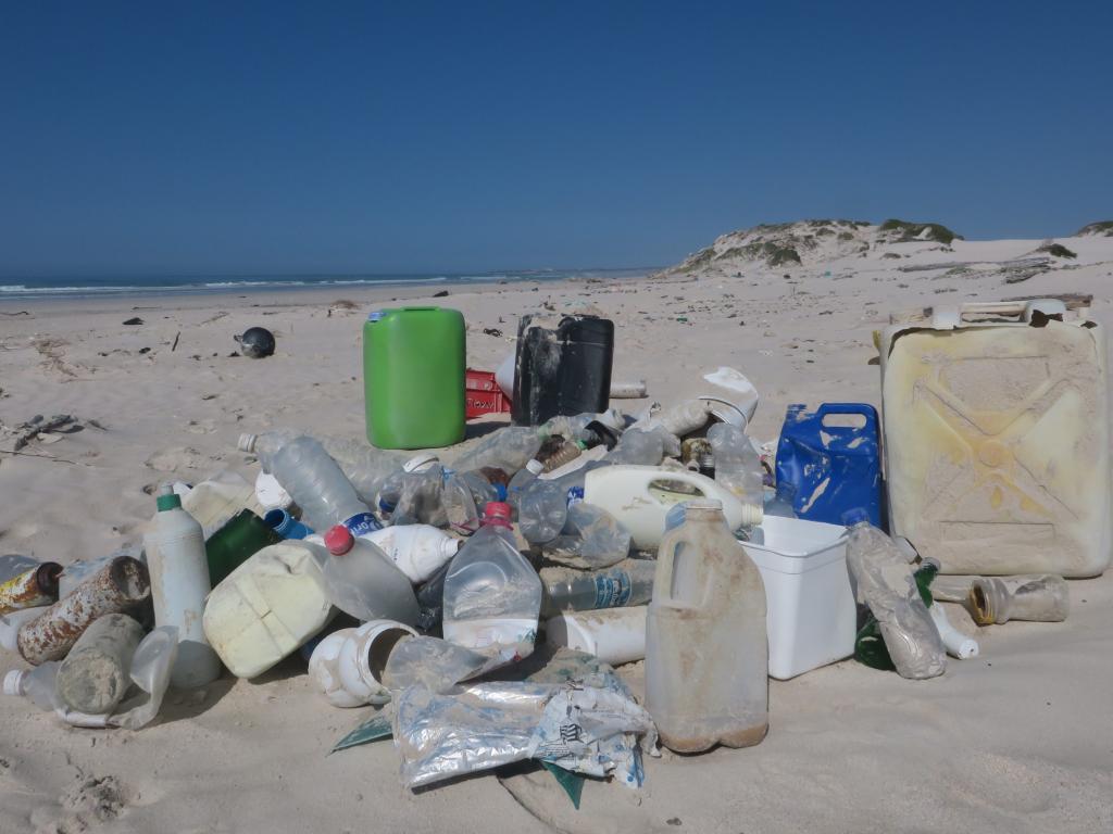 plastic bottles on a beach