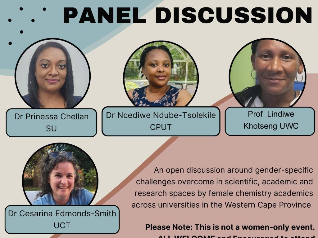 Poster for a UCT Chemistry Transformation Committee panel discussion on September 5 at 11:00 AM, featuring three speakers in Lecture Theatre 3.