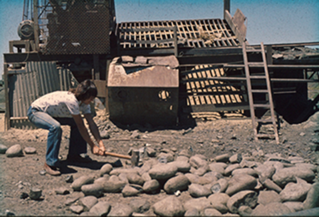 Chris Hatton in the 1980's sampling eclogite xenoliths for his PhD work at the Roberts Victor Mine, Free State.